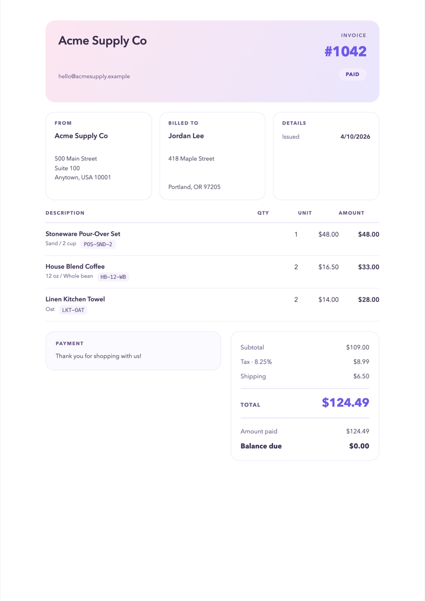 An invoice with a soft violet header and itemised totals