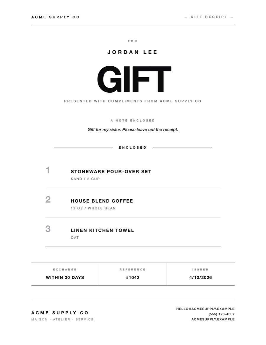A gift receipt set in bold black type with no prices