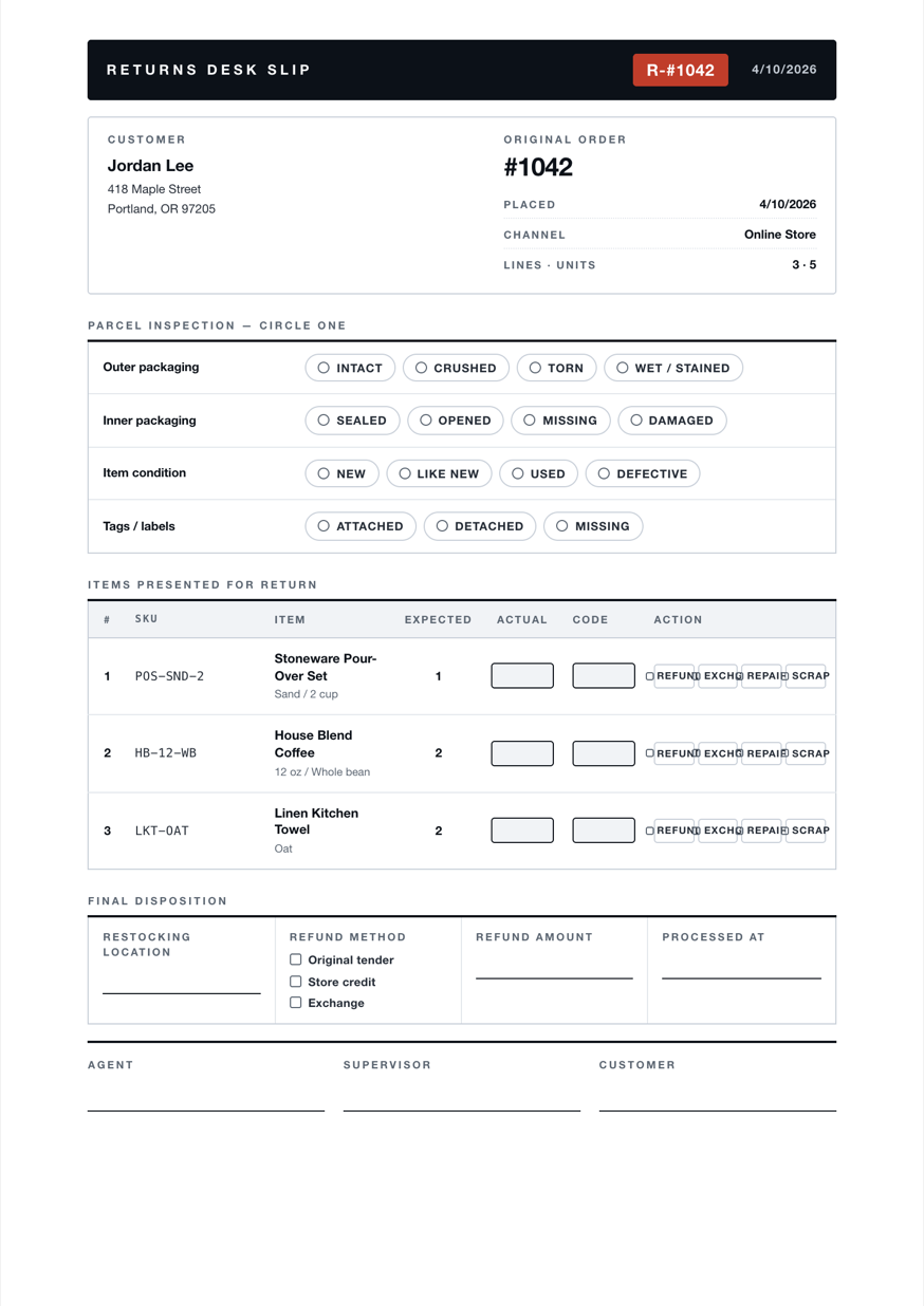 A returns desk slip with a dark header and inspection checklist