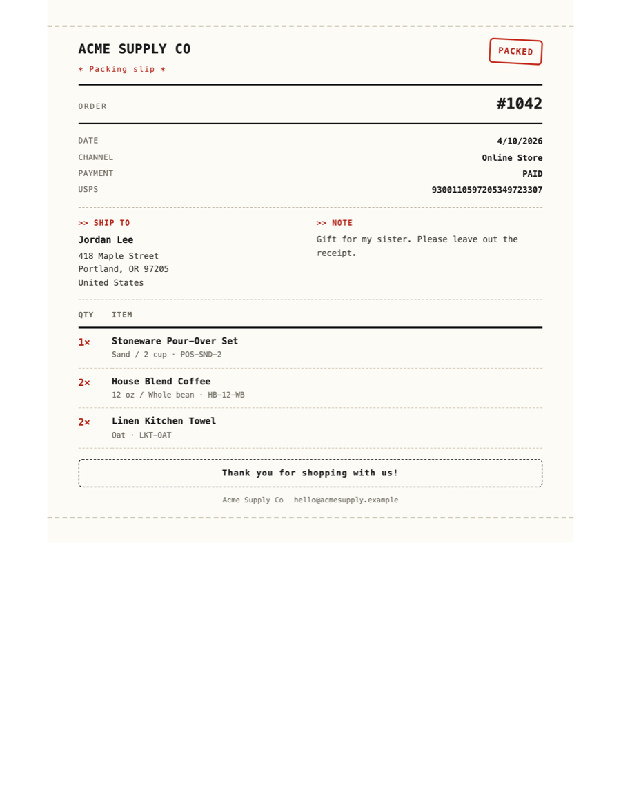 A packing slip in a typewriter style with red stamps