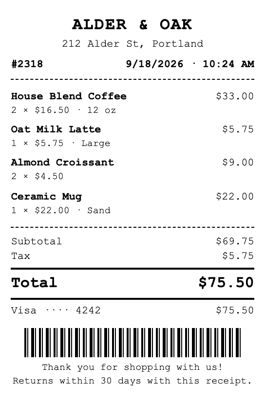 An 80 mm point of sale receipt with items, tax and total